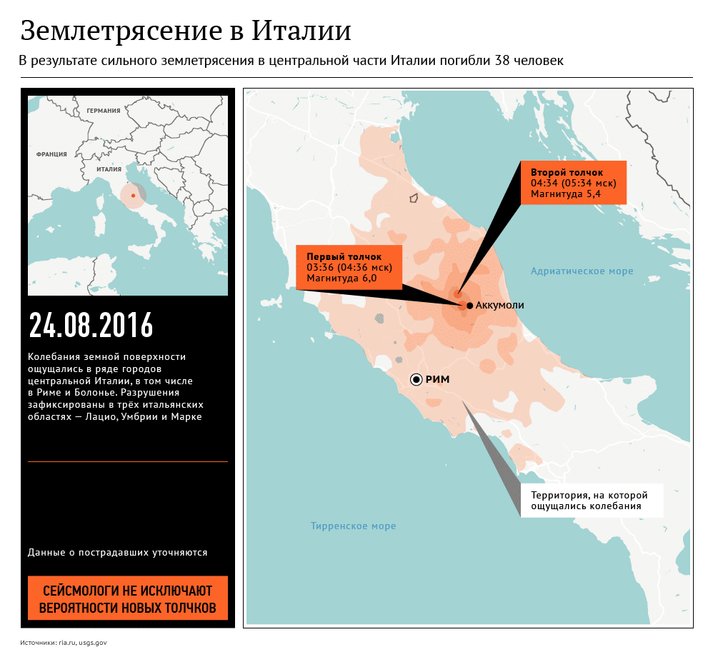 Регионы землетрясения на карте Италии